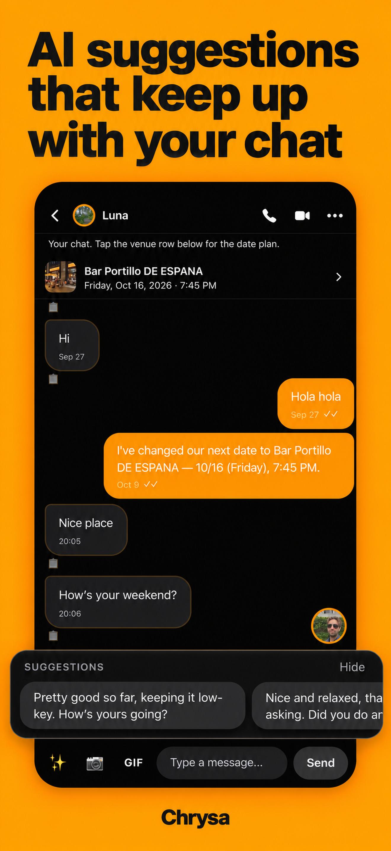 AI reply suggestions beside a CHRYSA conversation